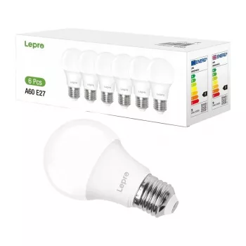LEPRO 100090-DW-EU-6 LED spuldze, E27, A60, 8.5W (60W ekvivalents), 806 lm, 6500K auksti baltā, 180° starojuma leņķis, 6 iepakojums