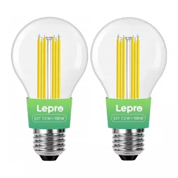 LEPRO 100094-WW-EU-2 E27 kvēldiega LED spuldze, 7,2 W (atbilst 100 W), 1521 lm, 2700 K silta balta, energoklase A, 2 gab.