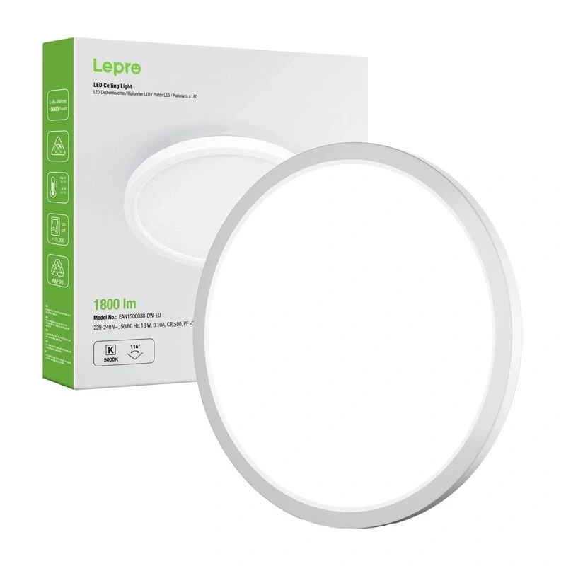 LEPRO 1500038 LED griestu lampa 18W 1800lm 4000K dabīgi balta IP54 pie griestiem montējama