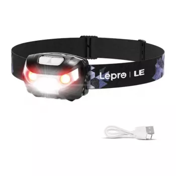 LEPRO 3200008 uzlādējama kustības sensora galvas lampa, 300 lūmeni, IPX4, 6 režīmi, melna