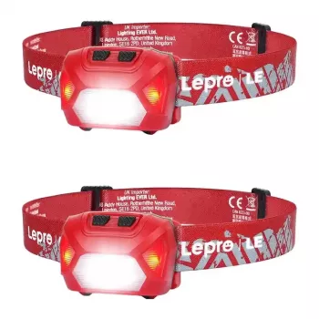 LEPRO 320014-R-2 USB uzlādējama LED galvas lampa, 2 iepakojumā, 200 lūmeni, IPX4 ūdensizturīga, 5 režīmi ar sarkano gaismu, USB-C uzlāde, regulējama galvas saite