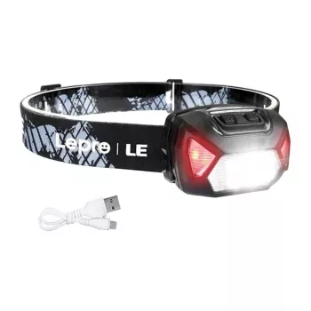 LEPRO 320014 USB uzlādējama LED galvas lampa ar CREE XPE prožektoru, COB plūsmas gaismu, sarkano gaismu, IPX4 ūdensizturību, 300 lūmeniem, 1200mAh akumulatoru, regulējamu elastīgu galvas saiti - Melna