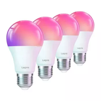 LEPRO B1-EU-4 E27 Wi-Fi LED spuldzes, 4 gab., 9W (60W ekvivalents), 806lm, silti balta 2700K, regulējama spilgtuma, viedās mājas saderīgas ar Alexa un Google Assistant