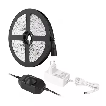 LEPRO PR4100067-DW-EU 5m silta baltā LED lentes komplekts ar regulējamu 3000K SMD 2835 lenti, 12V 24W 1200lm, 3M līmlente, iebūvēts dimmeris, barošanas bloks iekļauts, IP20