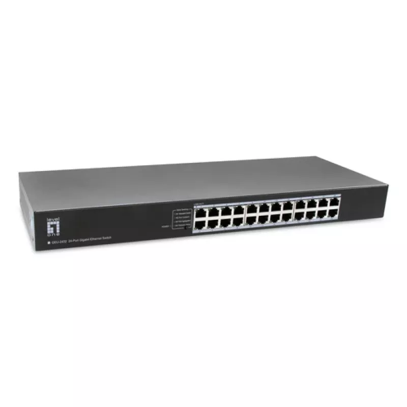 LevelOne GEU-2432 24 portu Gigabit Ethernet komutators, 4 režīmu DIP slēdzis, 19 collu statīva montāža, nevadāms, metāla korpuss