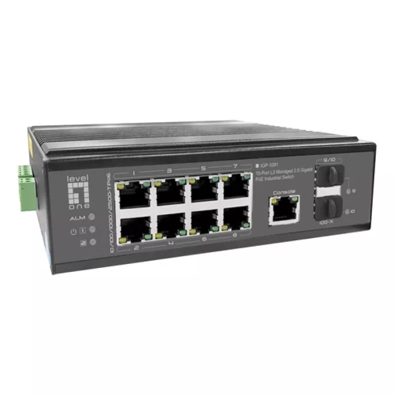 LevelOne industriālais PoE+ slēdzis 8x 2.5G PoE, 2x 1G, 2x 10G SFP+ augšupielādes, nevadāms, DIN-sliedes, IP30