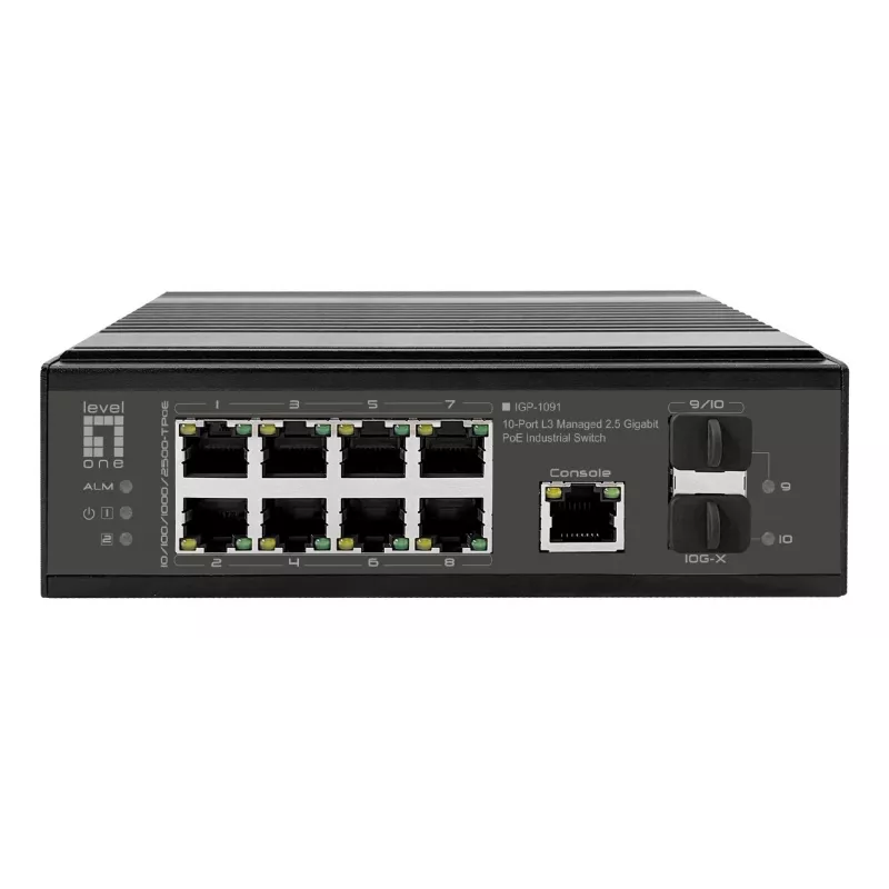 LevelOne industriālais PoE+ slēdzis 8x 2.5G PoE, 2x 1G, 2x 10G SFP+ augšupielādes, nevadāms, DIN-sliedes, IP30