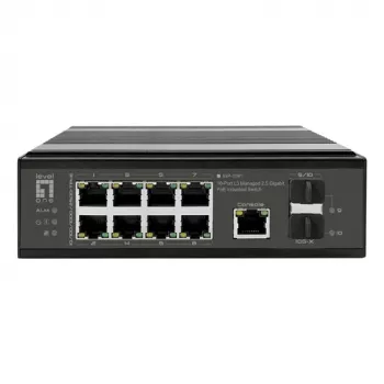 LevelOne industriālais PoE+ slēdzis 8x 2.5G PoE, 2x 1G, 2x 10G SFP+ augšupielādes, nevadāms, DIN-sliedes, IP30