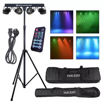 LIGHT4ME LED PAR Laser Beam Lighting Kit - 4x PAR gaismas ar sarkano un zaļo lāzeru, DMX, tālvadības pults