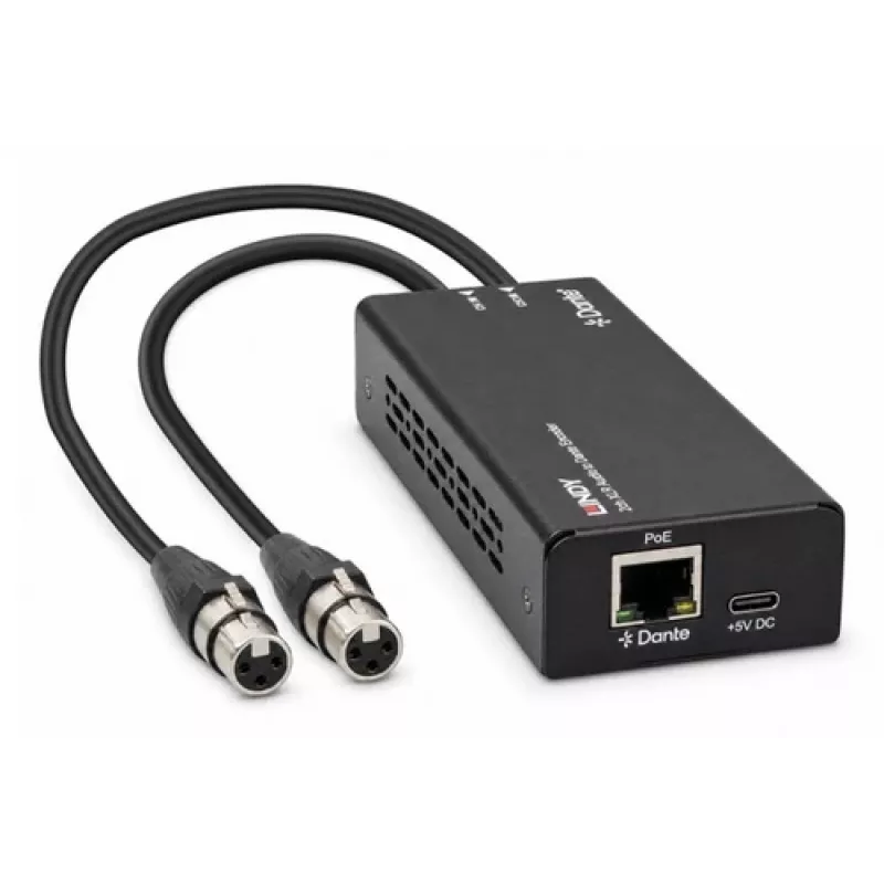 LINDY 2 kanālu XLR audio uz Dante kodētājs, PoE, AES67, 24 bitu/96 kHz 70618