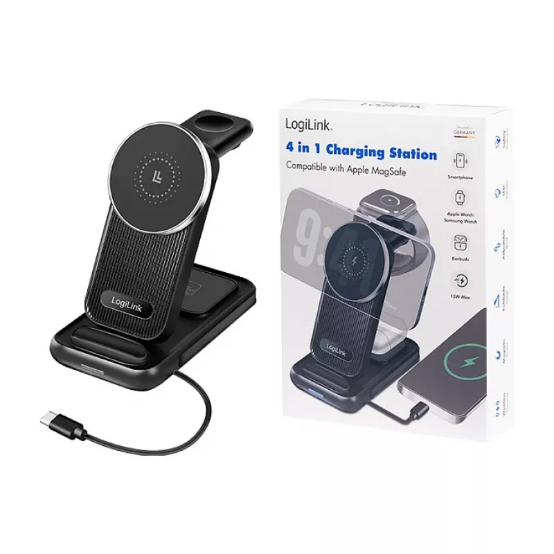 Logilink 4-in-1 bezvadu galda lādētājs, 15W Qi uzlādes stacija (PA0292)