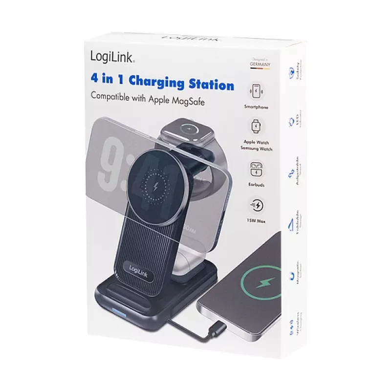 Logilink 4-in-1 bezvadu galda lādētājs, 15W Qi uzlādes stacija (PA0292)