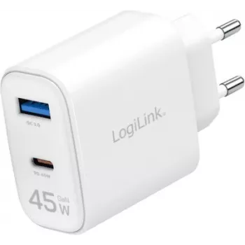 LogiLink 45W GaN USB sienas lādētājs, 1x USB-C PD, 1x USB-A QC, balts, Eiropas spraudnis (PA0410)