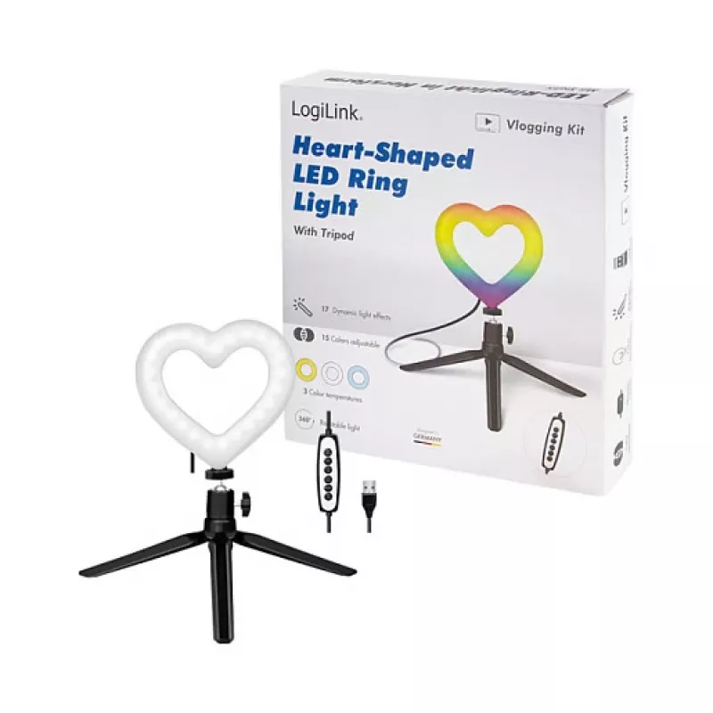 LOGILINK AA0155 LED gredzena aizpildījuma gaisma ar sirds formu un statīvu, 20,5 cm, 10 spilgtuma līmeņi, 3000K-6000K, USB-A
