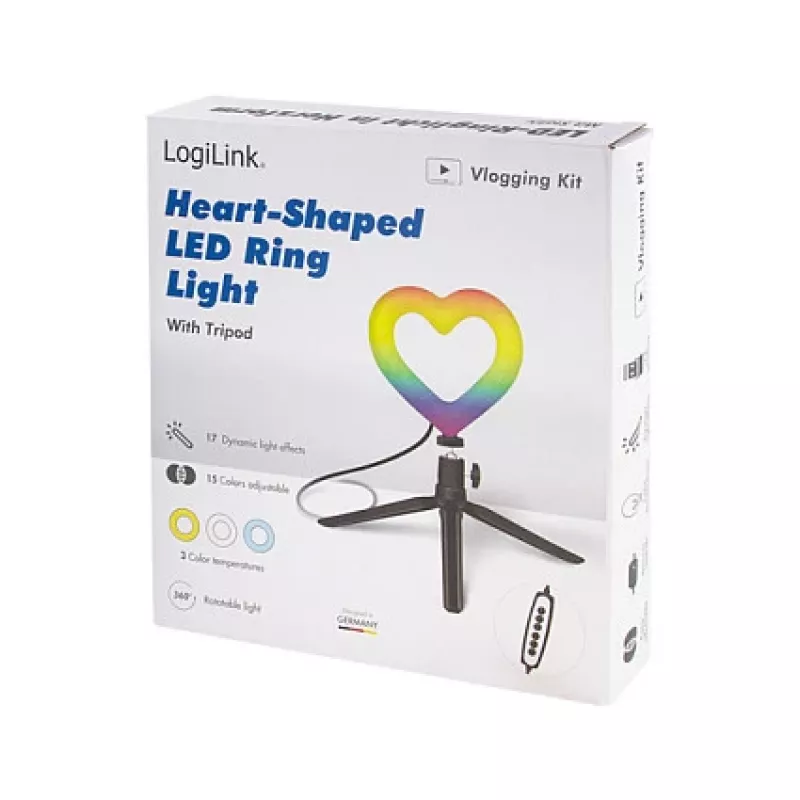 LOGILINK AA0155 LED gredzena aizpildījuma gaisma ar sirds formu un statīvu, 20,5 cm, 10 spilgtuma līmeņi, 3000K-6000K, USB-A