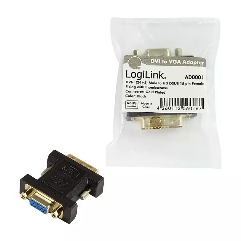 LogiLink AD0001 DVI-I uz VGA adapteris, DVI-I vīrietis uz HD15 sieviete, 1080p, melns