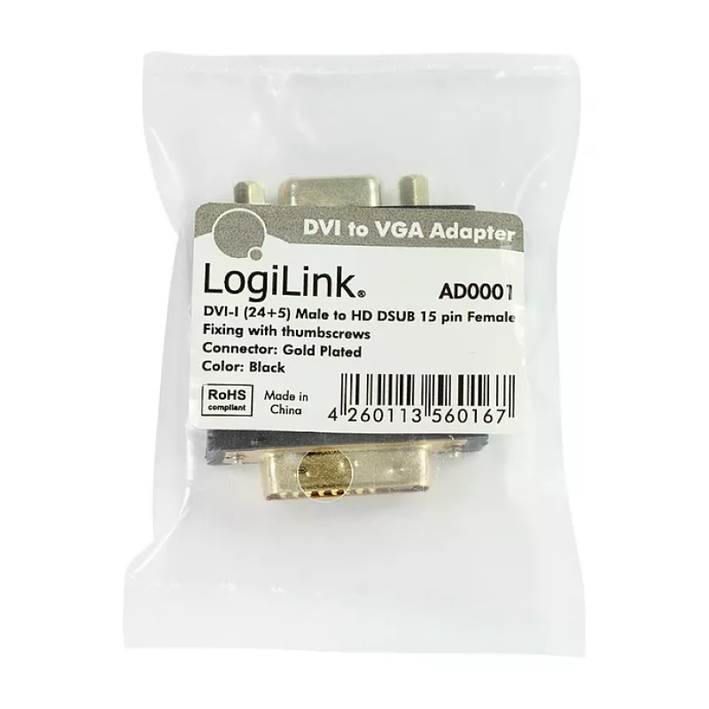 LogiLink AD0001 DVI-I uz VGA adapteris, DVI-I vīrietis uz HD15 sieviete, 1080p, melns