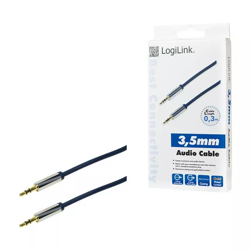 LogiLink CA10030 Premium 3.5mm TRS vīrietis-vīrietis audio kabelis, metāla savienotāji, zils, 0.3m
