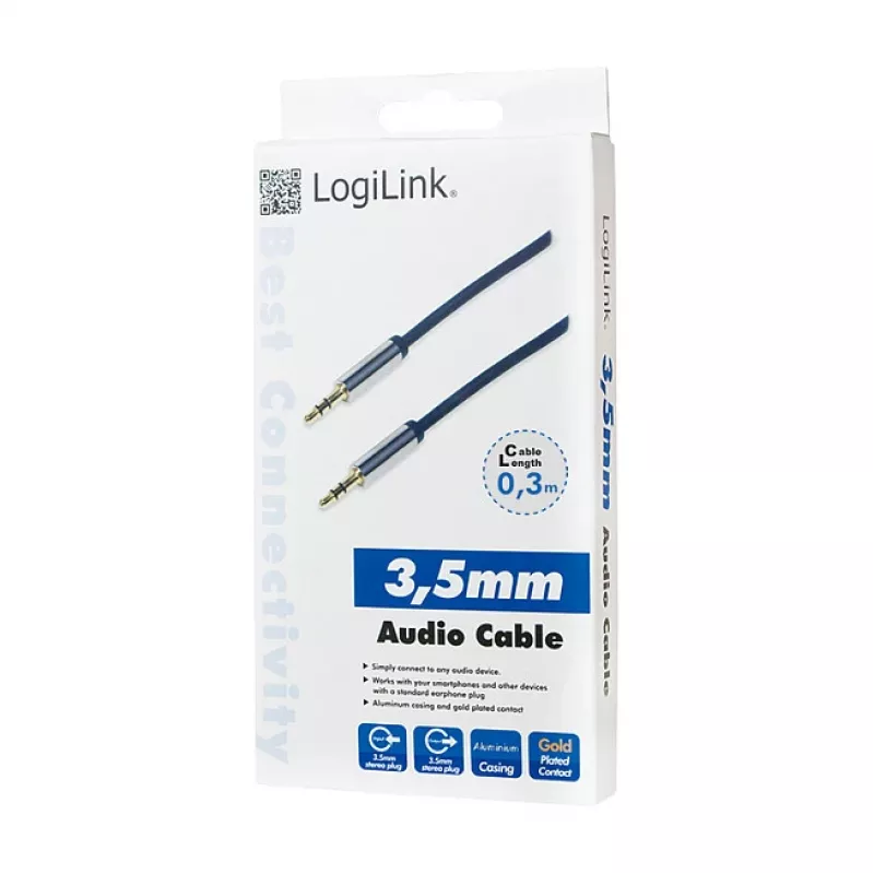 LogiLink CA10030 Premium 3.5mm TRS vīrietis-vīrietis audio kabelis, metāla savienotāji, zils, 0.3m