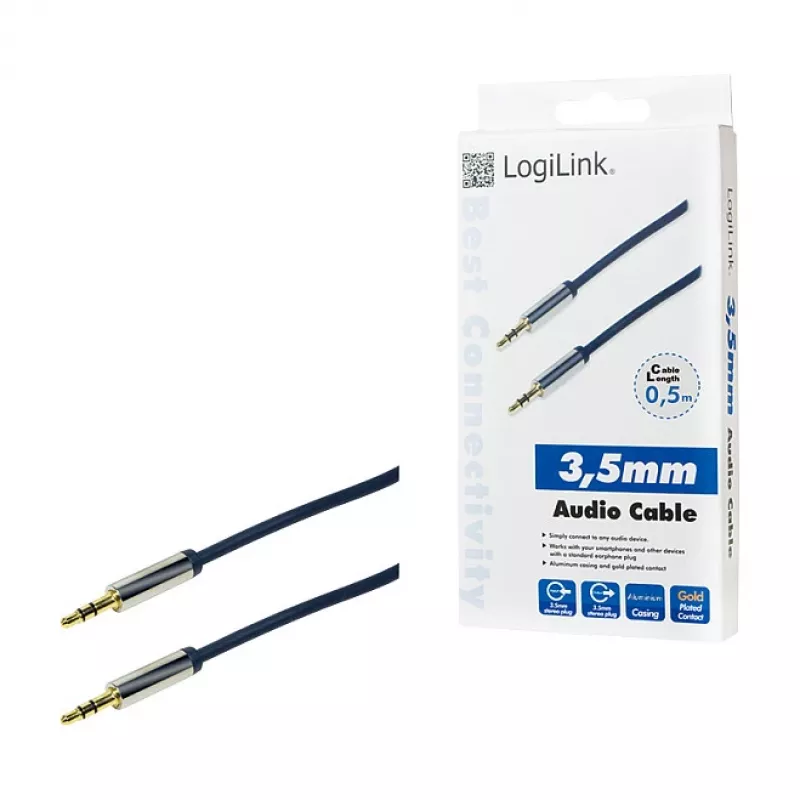 LogiLink CA10050 3.5mm TRS vīrietis uz 3.5mm TRS vīrietis stereo audio kabelis, metāla savienotāji, zils, 0.5m