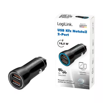 LogiLink PA0285 2 portu USB auto lādētājs 10.5W, LED apgaismots, melns