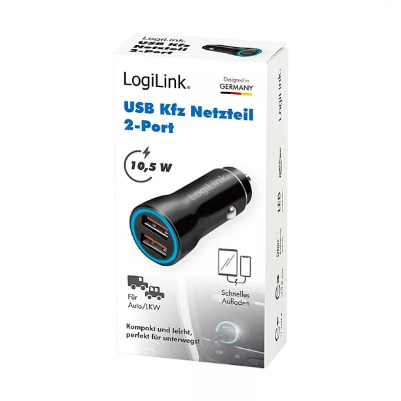 LogiLink PA0285 2 portu USB auto lādētājs 10.5W, LED apgaismots, melns