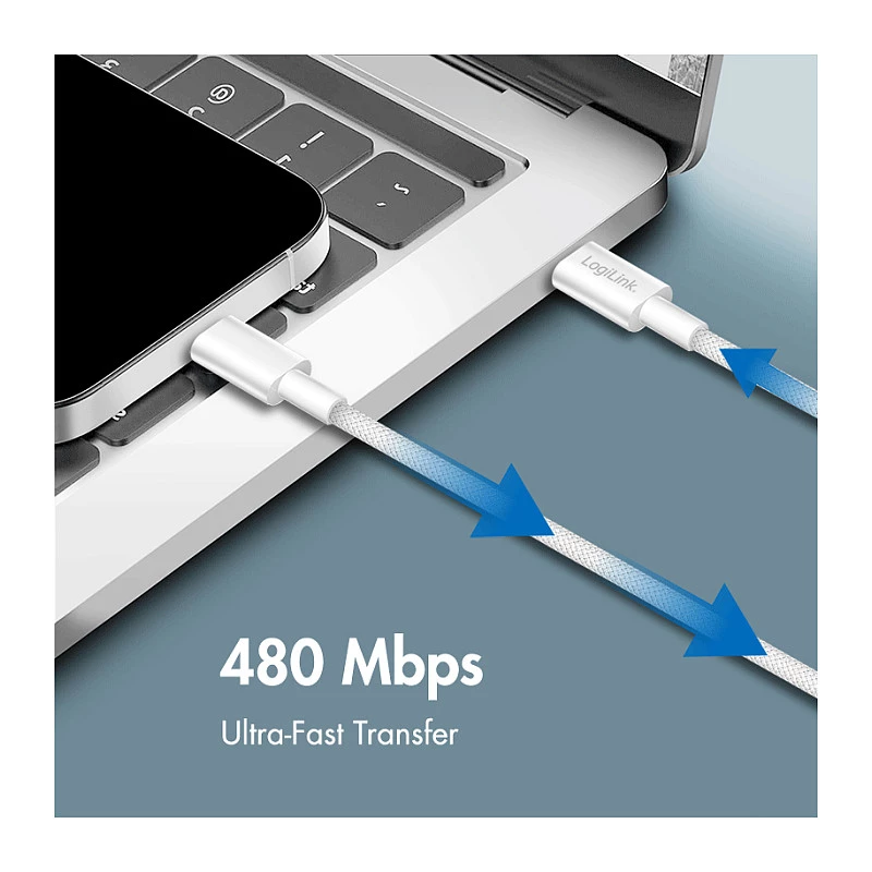 LogiLink CU0320 USB 2.0 Type-C kabelis, USB-A uz USB-C, 480 Mbps, 60W, neilona pīts, balts, 0,5 m
