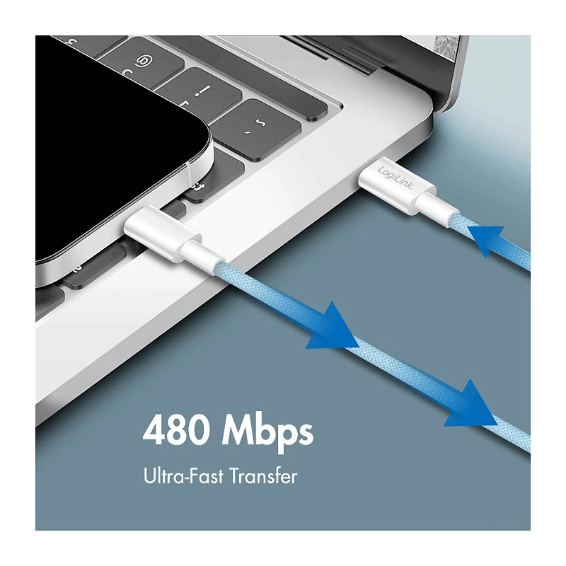 LogiLink CU0350 USB 2.0 Type-C to Type-C kabelis, 1 m, neilona pīts, zils, 60 W Power Delivery, 480 Mbps