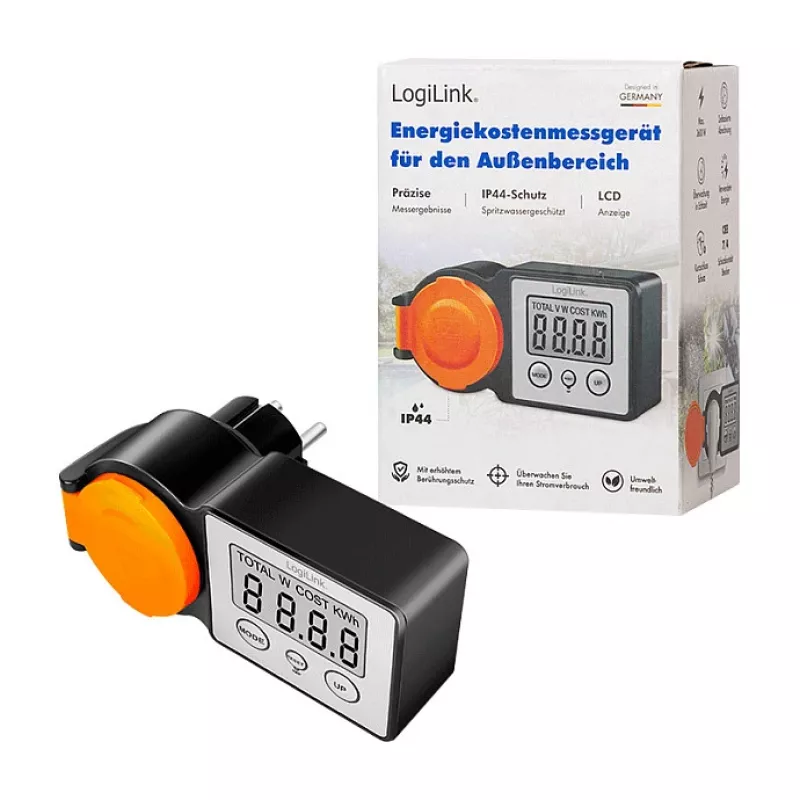 LogiLink āra enerģijas izmaksu skaitītājs, IP44 šļakatu drošs, 16 A, 3680 W, Schuko, LCD
