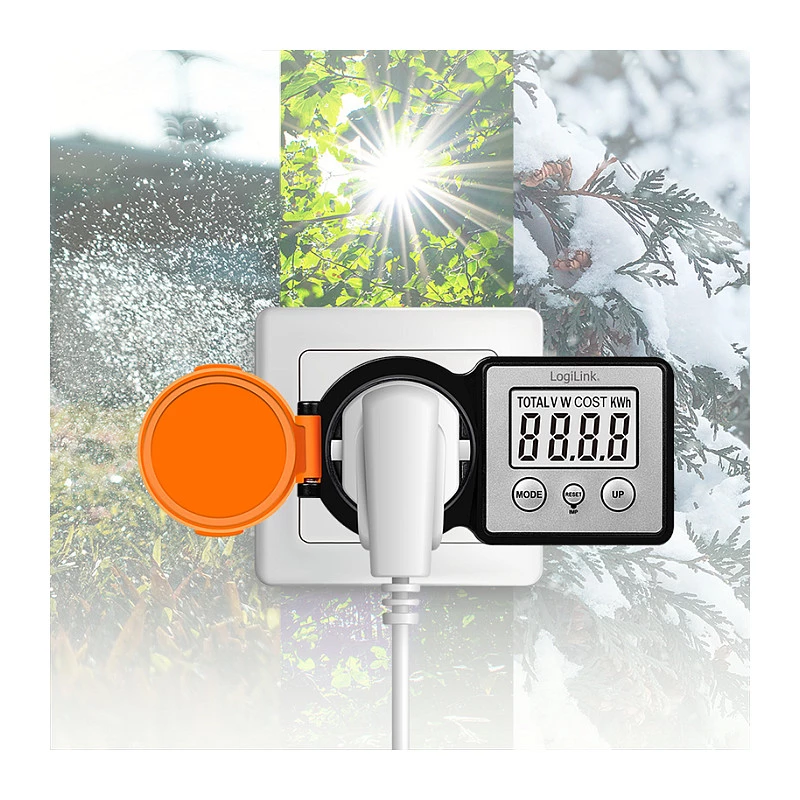LogiLink āra enerģijas izmaksu skaitītājs, IP44 šļakatu drošs, 16 A, 3680 W, Schuko, LCD