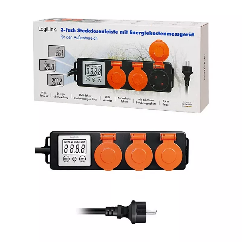 LogiLink Enerģijas izmaksu skaitītājs ar 3 āra rozetēm, IP44, Schuko, 3680 W