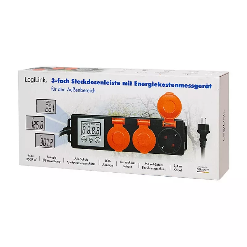 LogiLink Enerģijas izmaksu skaitītājs ar 3 āra rozetēm, IP44, Schuko, 3680 W