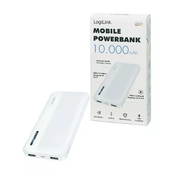 Logilink mobilais ārējais akumulators, LiPo, 10000 mAh, USB-C ieeja/izeja, balts