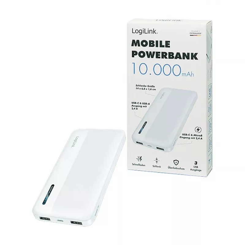 Logilink mobilais ārējais akumulators, LiPo, 10000 mAh, USB-C ieeja/izeja, balts