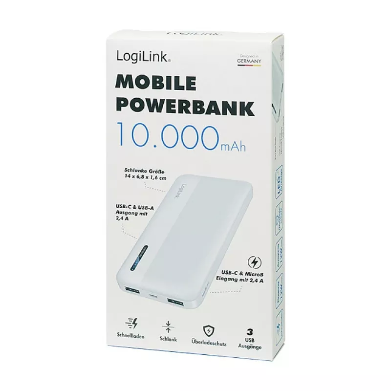 Logilink mobilais ārējais akumulators, LiPo, 10000 mAh, USB-C ieeja/izeja, balts