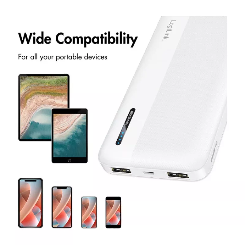 Logilink mobilais ārējais akumulators, LiPo, 10000 mAh, USB-C ieeja/izeja, balts