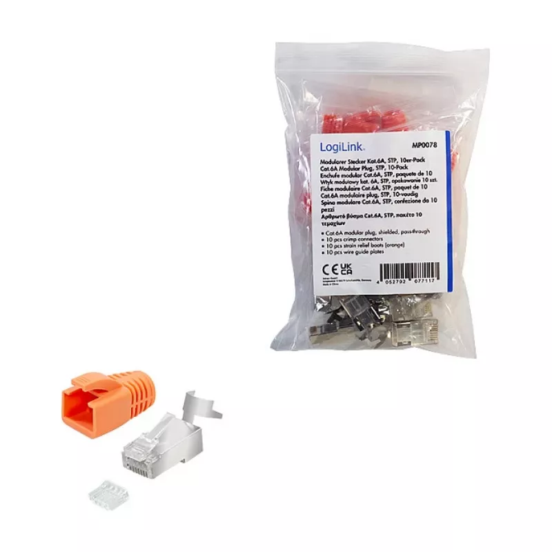 LogiLink Modularais spraudnis RJ45 Cat.6A STP Pass Through, 10 gab. iepakojums