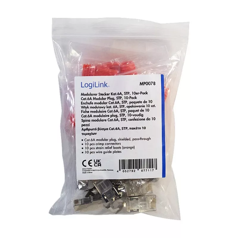 LogiLink Modularais spraudnis RJ45 Cat.6A STP Pass Through, 10 gab. iepakojums