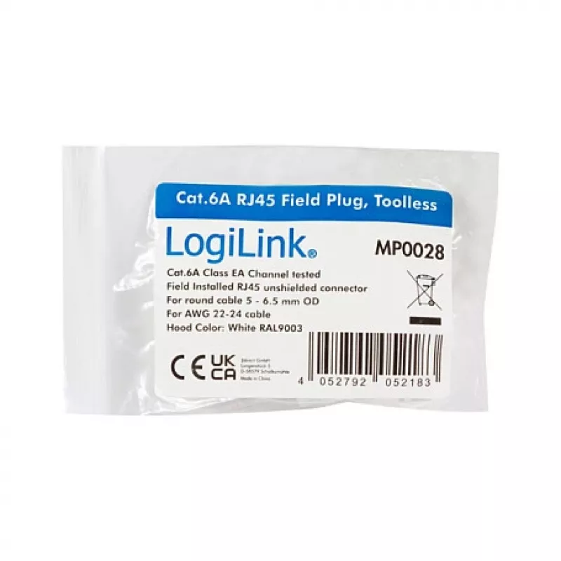 LogiLink Modularais spraudnis RJ45 Cat.6A, UTP, bez instrumentiem, balts