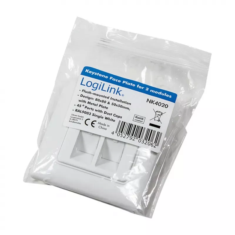 LogiLink NK4020 Keystone sienas plāksne, iegremdēta montāža, 2 moduļi, signālbaltā