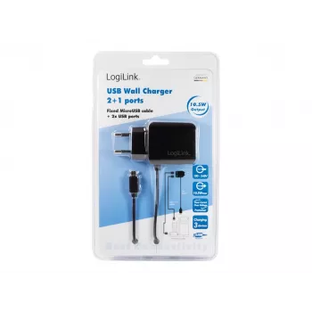 LogiLink PA0157 3 portu USB sienas lādētājs 10,5W ar integrētu mikro-USB kabeli, melns