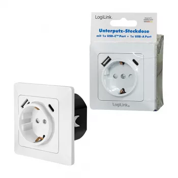 LOGILINK PA0253 Sienas kontaktligzda ar 1 Schuko kontaktligzdu, 1 USB-A un 1 USB-C uzlādes portu, 3.1A, balta