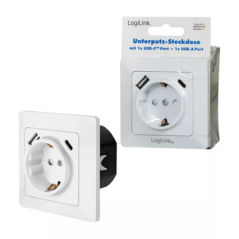 LOGILINK PA0253 Sienas kontaktligzda ar 1 Schuko kontaktligzdu, 1 USB-A un 1 USB-C uzlādes portu, 3.1A, balta