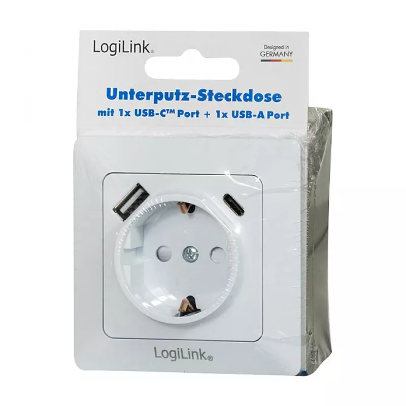 LOGILINK PA0253 Sienas kontaktligzda ar 1 Schuko kontaktligzdu, 1 USB-A un 1 USB-C uzlādes portu, 3.1A, balta