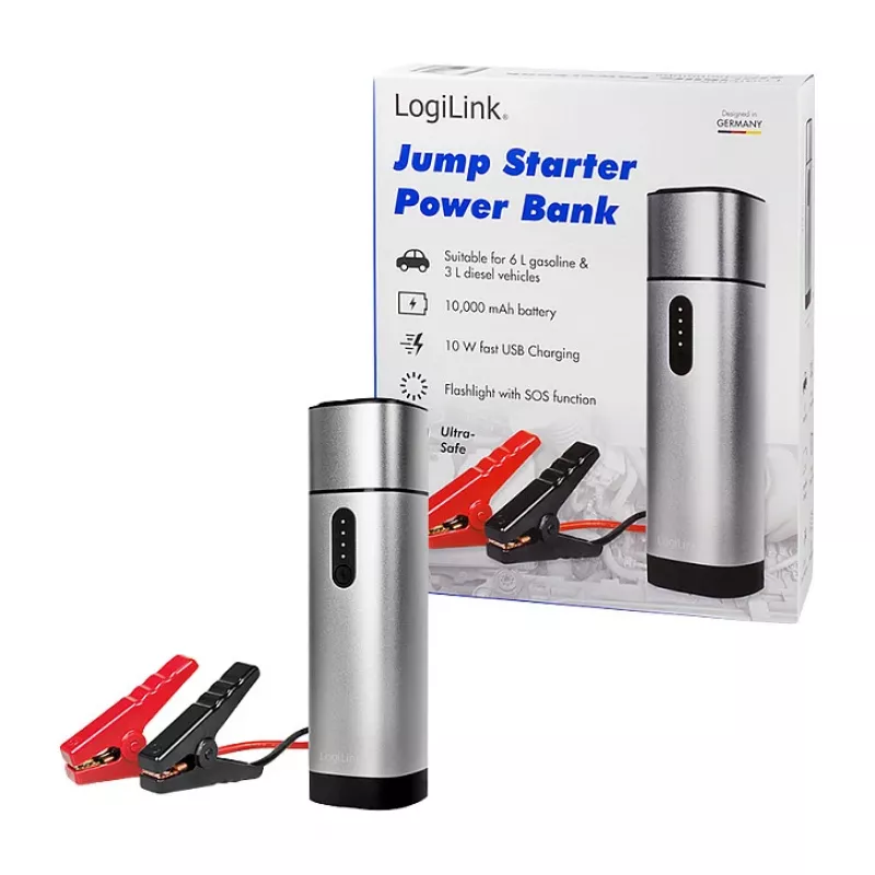 LogiLink PA0266 Auto iedarbināšanas iekārta un ārējais akumulators, 10000 mAh, 12V/400A maks., USB-C PD, LED lukturītis