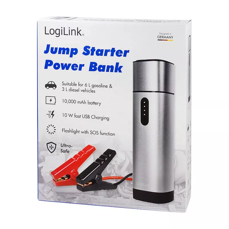 LogiLink PA0266 Auto iedarbināšanas iekārta un ārējais akumulators, 10000 mAh, 12V/400A maks., USB-C PD, LED lukturītis