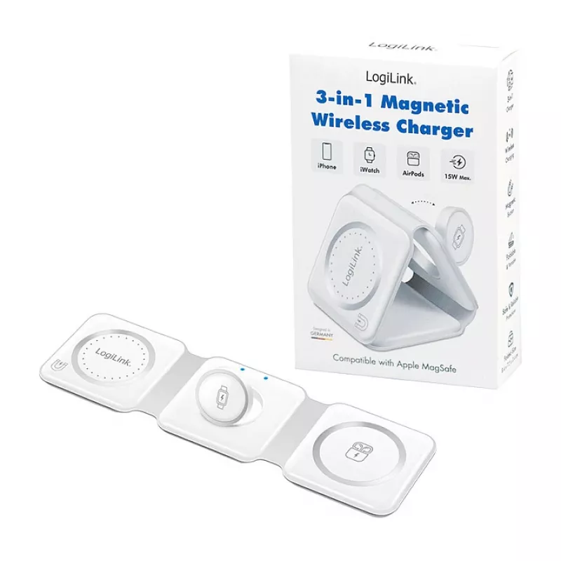 LOGILINK PA0344 Magnētiskais bezvadu lādētājs 3-in-1 Apple ierīcēm, balts, salokāms, MagSafe, 15W