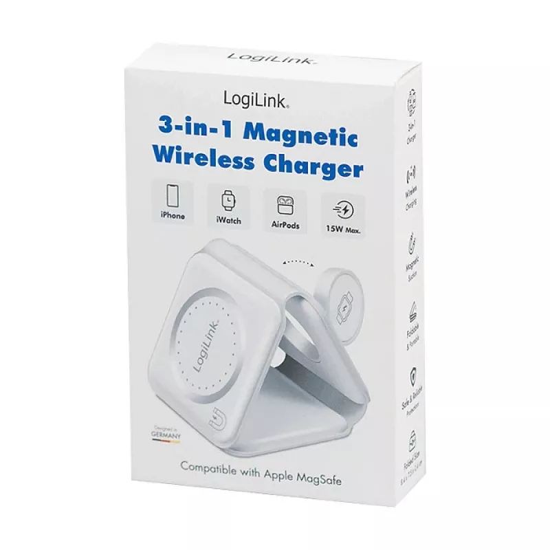 LOGILINK PA0344 Magnētiskais bezvadu lādētājs 3-in-1 Apple ierīcēm, balts, salokāms, MagSafe, 15W