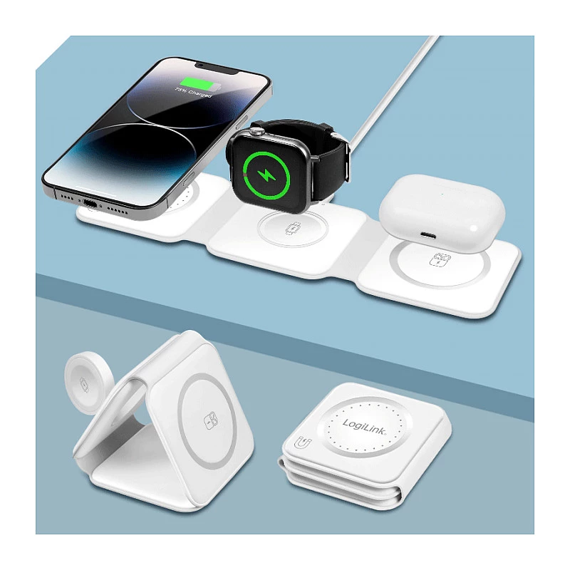 LOGILINK PA0344 Magnētiskais bezvadu lādētājs 3-in-1 Apple ierīcēm, balts, salokāms, MagSafe, 15W