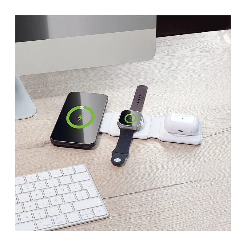 LOGILINK PA0344 Magnētiskais bezvadu lādētājs 3-in-1 Apple ierīcēm, balts, salokāms, MagSafe, 15W